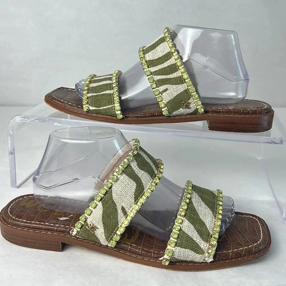 Sam Edelman HOPIE Zebra Green Linen Square Toe Slide Sandals Rhinestones Size 11 - Picture 5 of 16